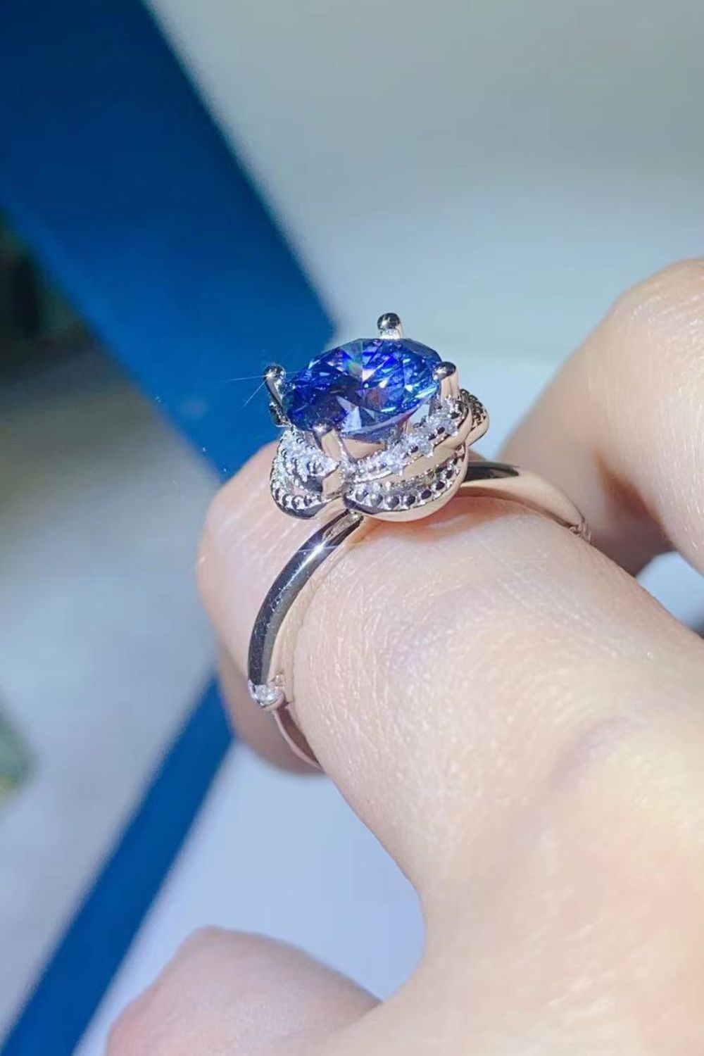 2 Carat Moissanite Contrast Sterling Silver Ring in Blue - women's ring