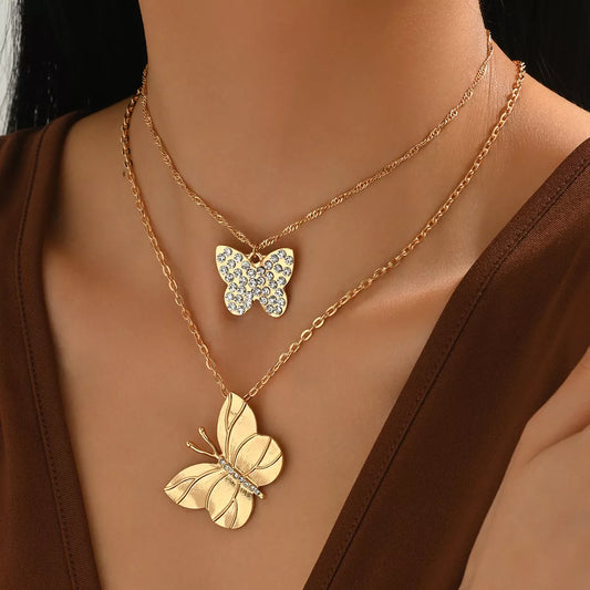2 Piece 18K Gold-Plated Rhinestone Butterfly Necklace in Gold - women's Y necklace