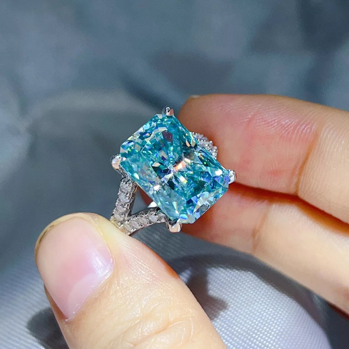 10 Carat Sterling Silver Moissanite Ring in Mint Blue - women's ring