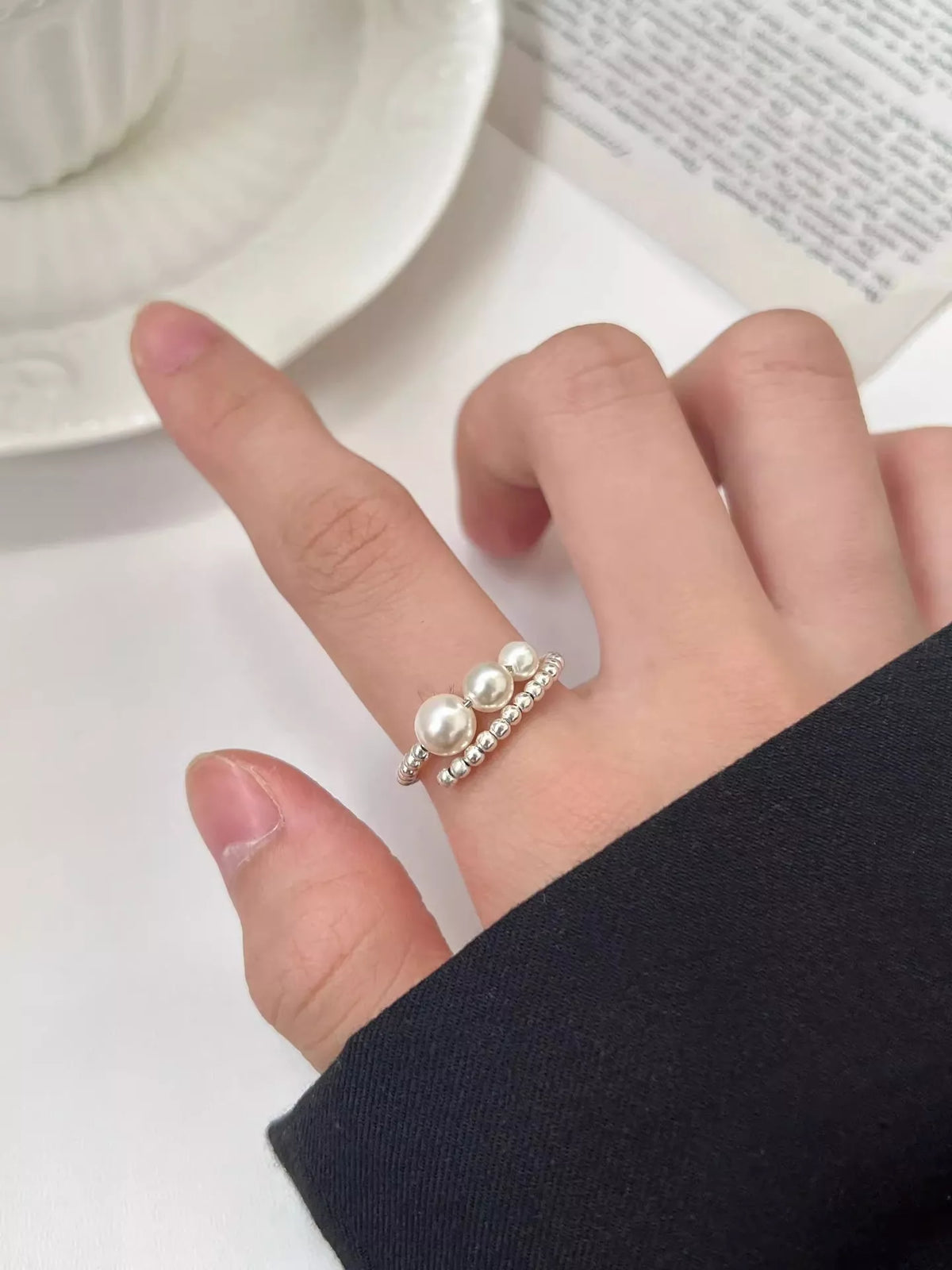 Triple Pearl Beaded Bypass Ring - alternate ring view