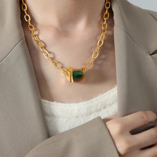 Natural Stone Pendant Titanium Steel Necklace in Dark Green - women's pendant necklace