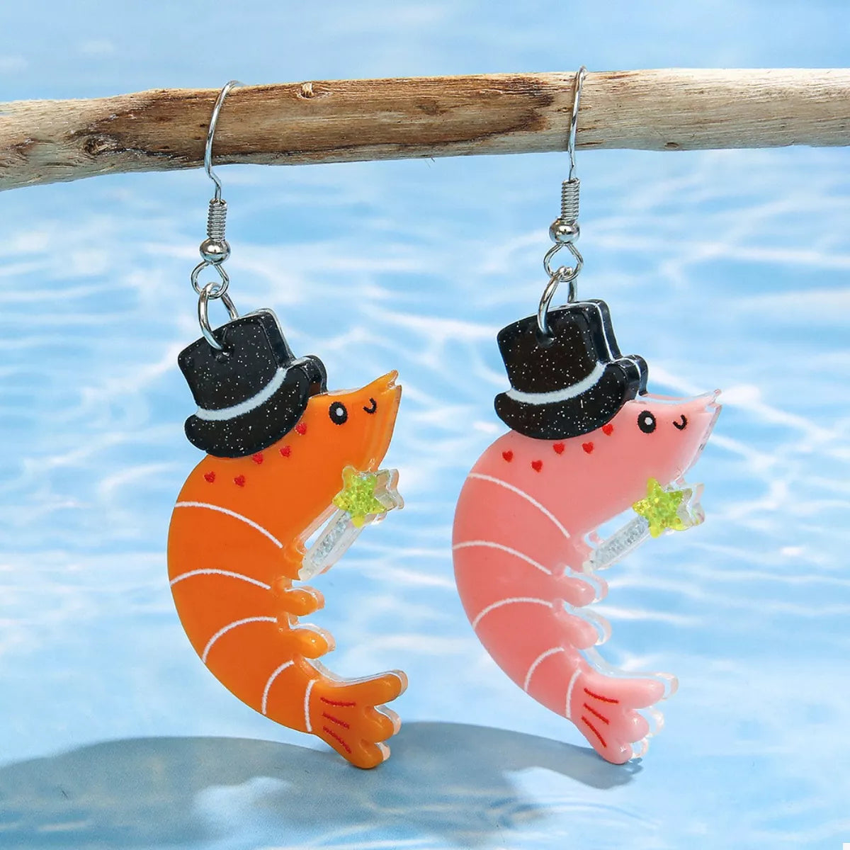 Whimsical Shrimp Earrings with Top Hats in Black - women's earrings
