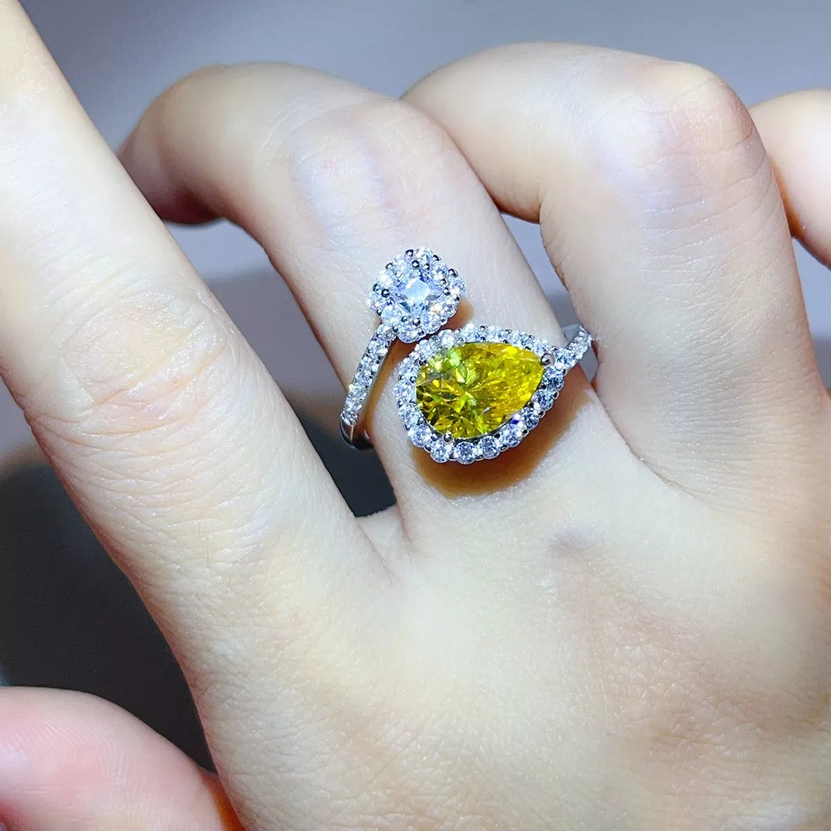 2 Carat Moissanite Sterling Silver Bypass Ring in Yellow - women's ring