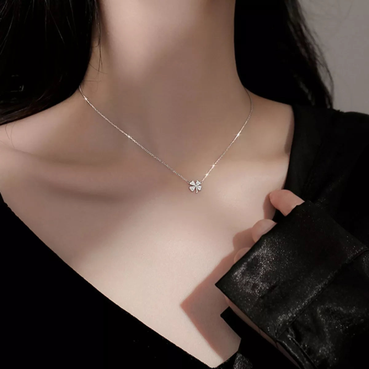 Sterling Silver Zircon Four Leaf Clover Necklace - alternate necklace view