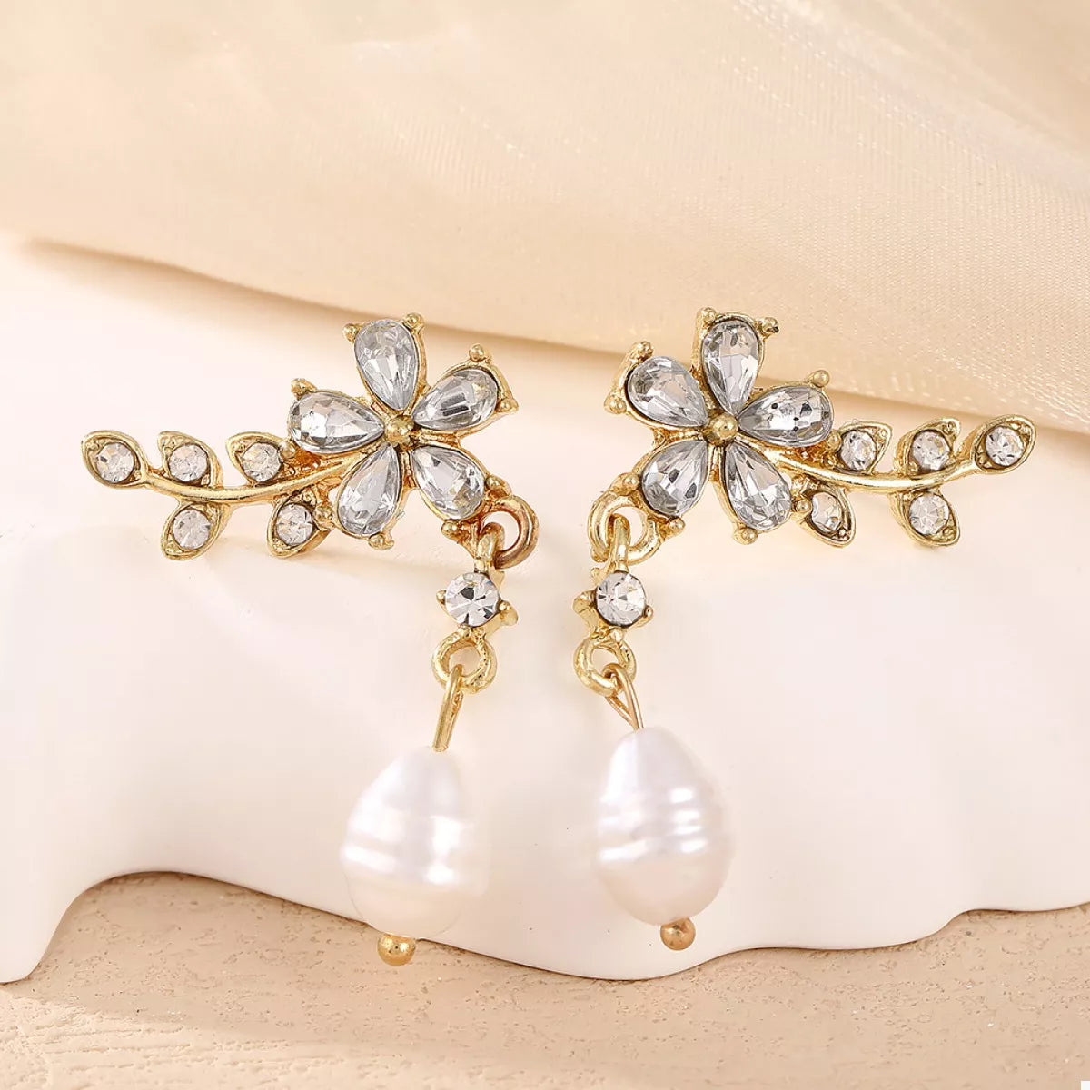 Flower Pearl Drop Earrings in Gold - women's drop earrings