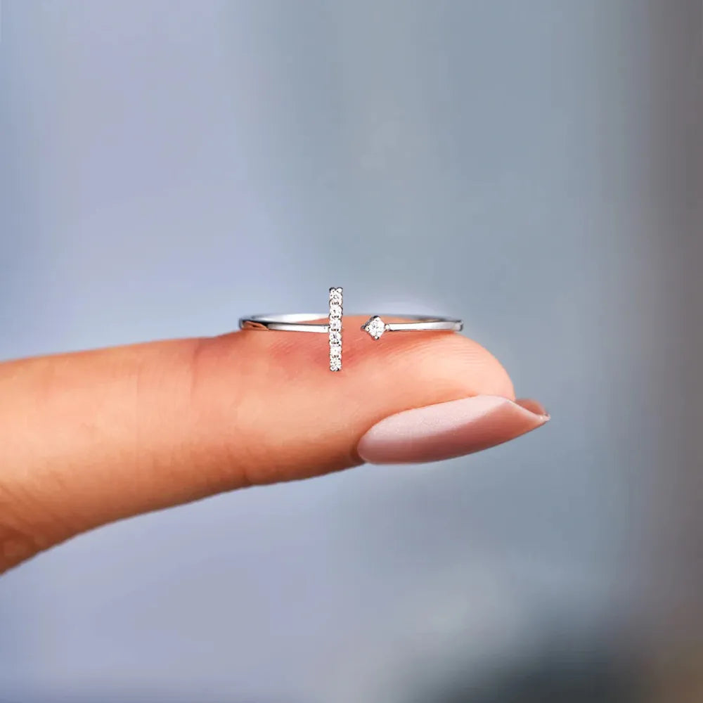 T Shape Inlaid Zircon Sterling Silver Open Ring - alternate ring view