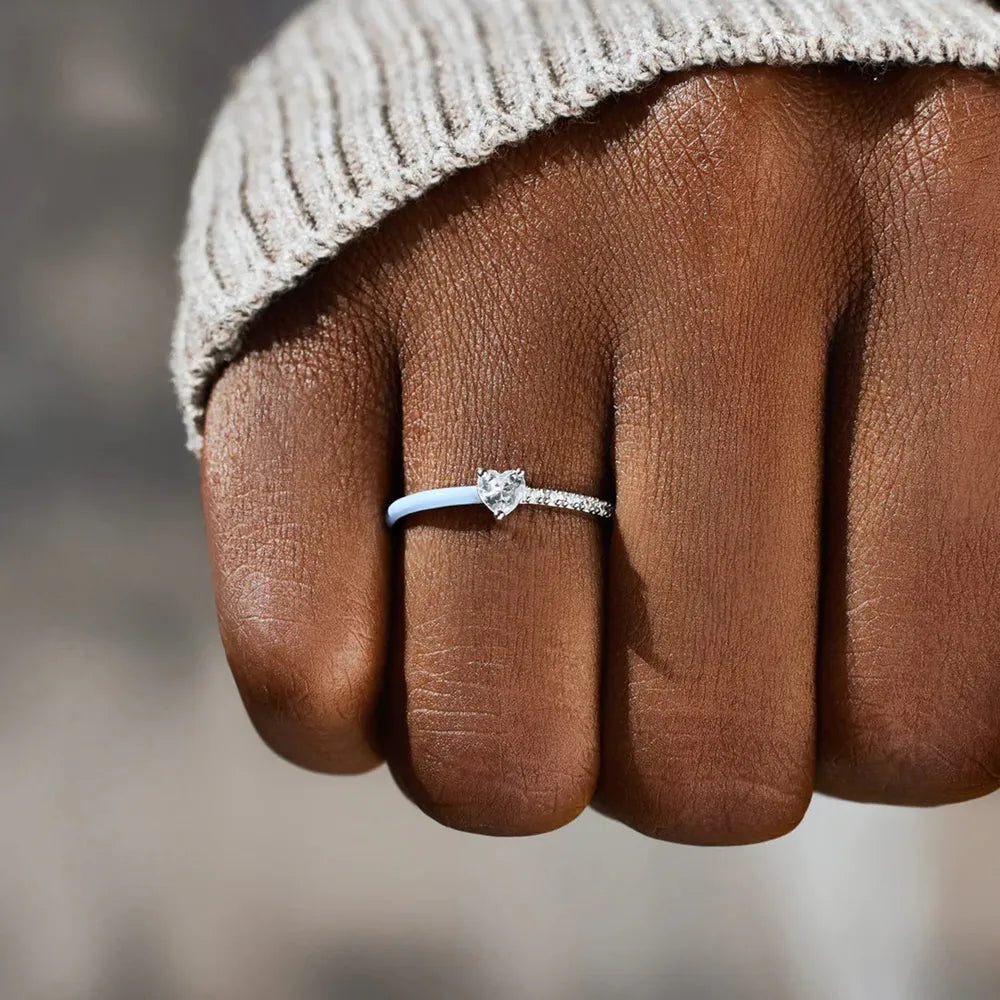Heart Shape Inlaid Zircon Enamel Ring in Light Blue - women's ring