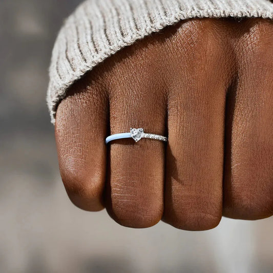 Heart Shape Inlaid Zircon Enamel Ring in Light Blue - women's ring