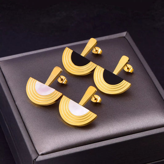 Geometric Half-Circle 18K Gold-Plated Necklace Ring and Earrings Set in Ivory - women's necklace