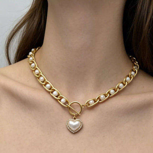 Chunky Pearl and Heart Pendant Necklace - alternate necklace view