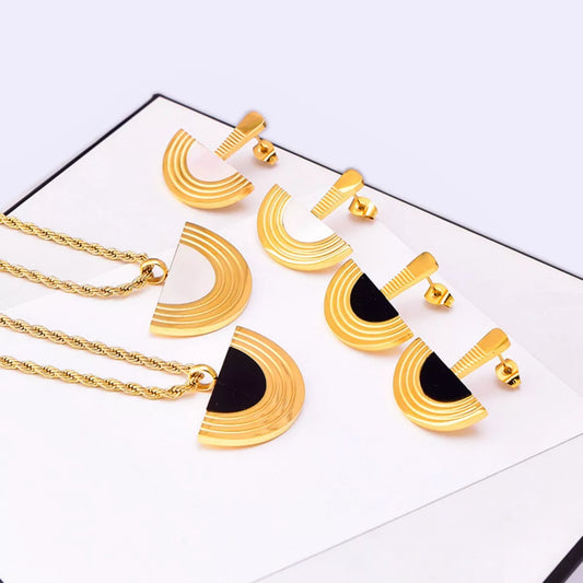 Geometric Half-Circle 18K Gold-Plated Necklace Ring and Earrings Set in Black - women's necklace
