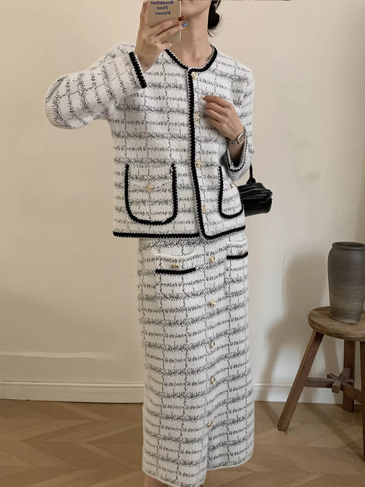 Tweed Contrast Trim Jacket and Skirt Set - alternate view