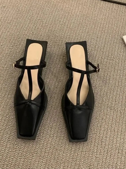 Square-Toe T-Strap Sandals in Black - women's heels