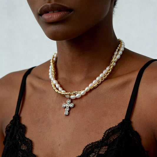 Elegant Pearl Alloy Necklace with Rhinestone Cross Pendant in Silver - women's pendant necklace