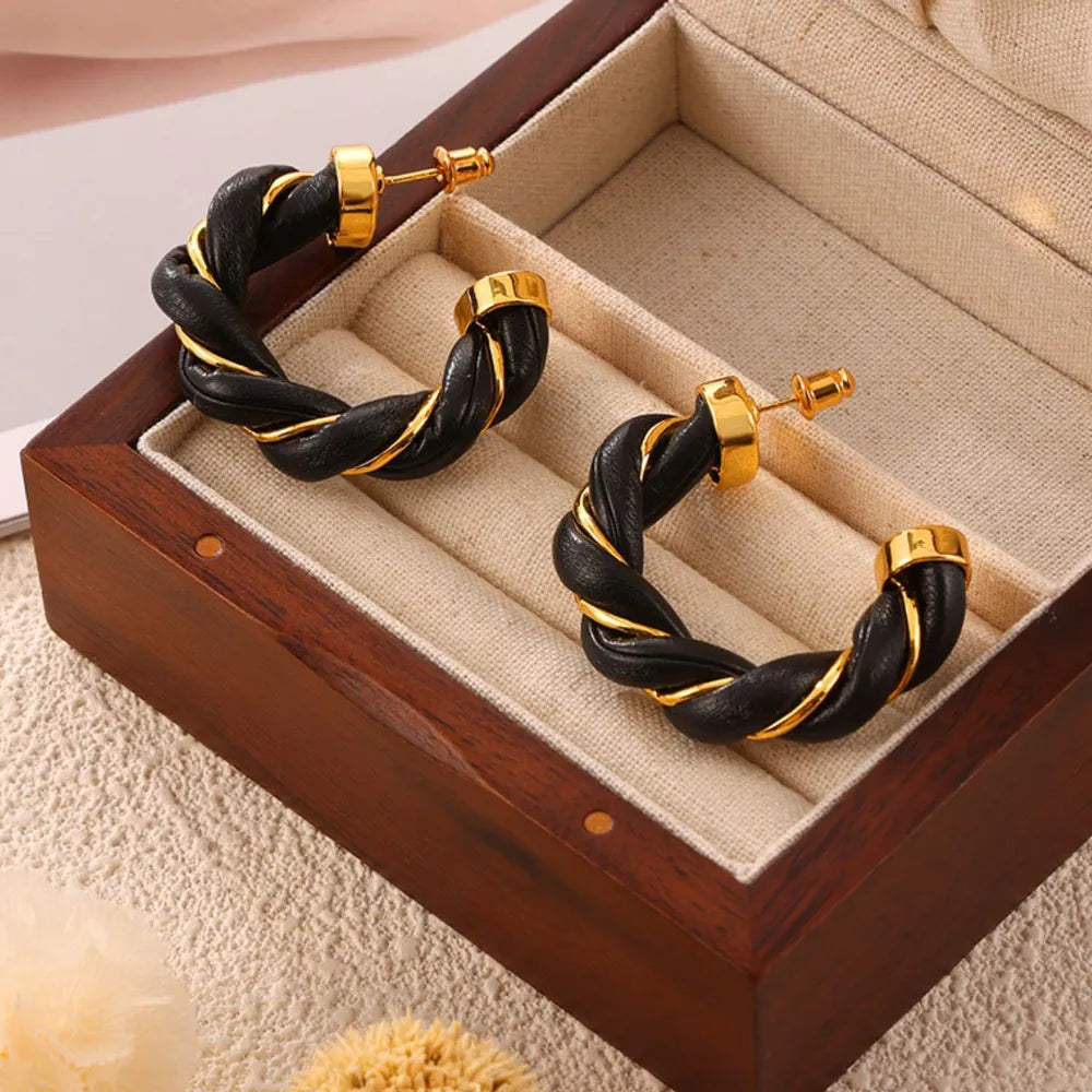 Twisted Leather Rope C-Hoop Earrings - alternate earring view