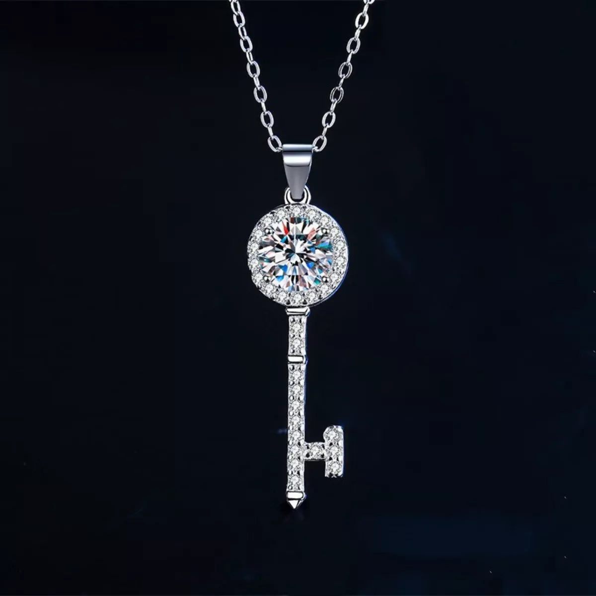1 Carat Sterling Silver Moissanite Key Pendant Necklace - alternate necklace view