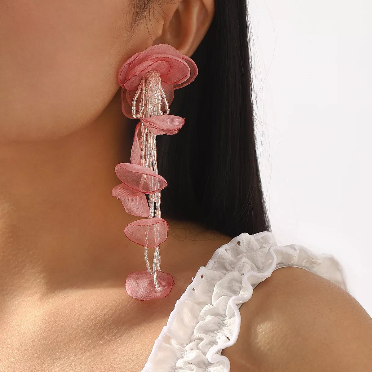 Floral Petal Beaded Tassel Drop Earrings in White - women's drop earrings