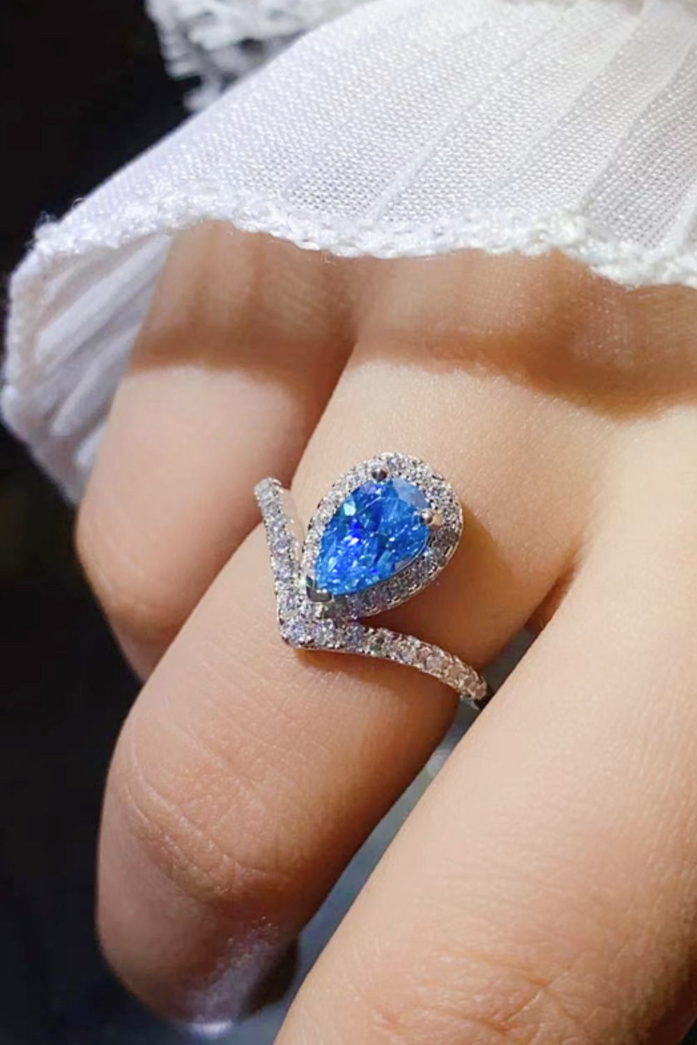 1 Carat Pear Shape Moissanite Heart Ring in Sky Blue - women's ring
