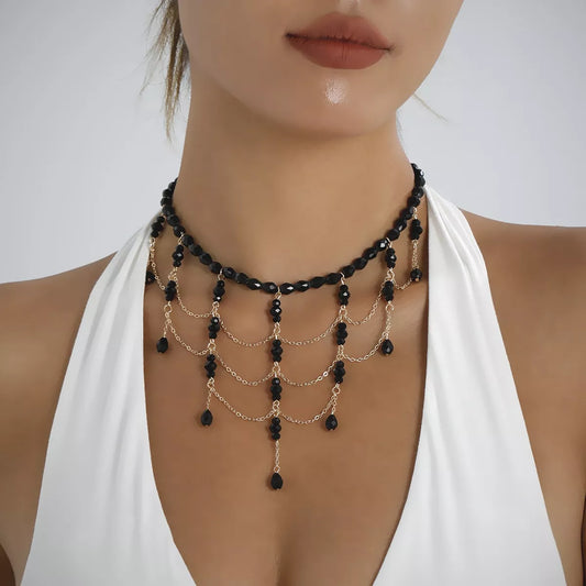 Beaded Choker Necklace with Draping Chains in Black - women's choker necklace
