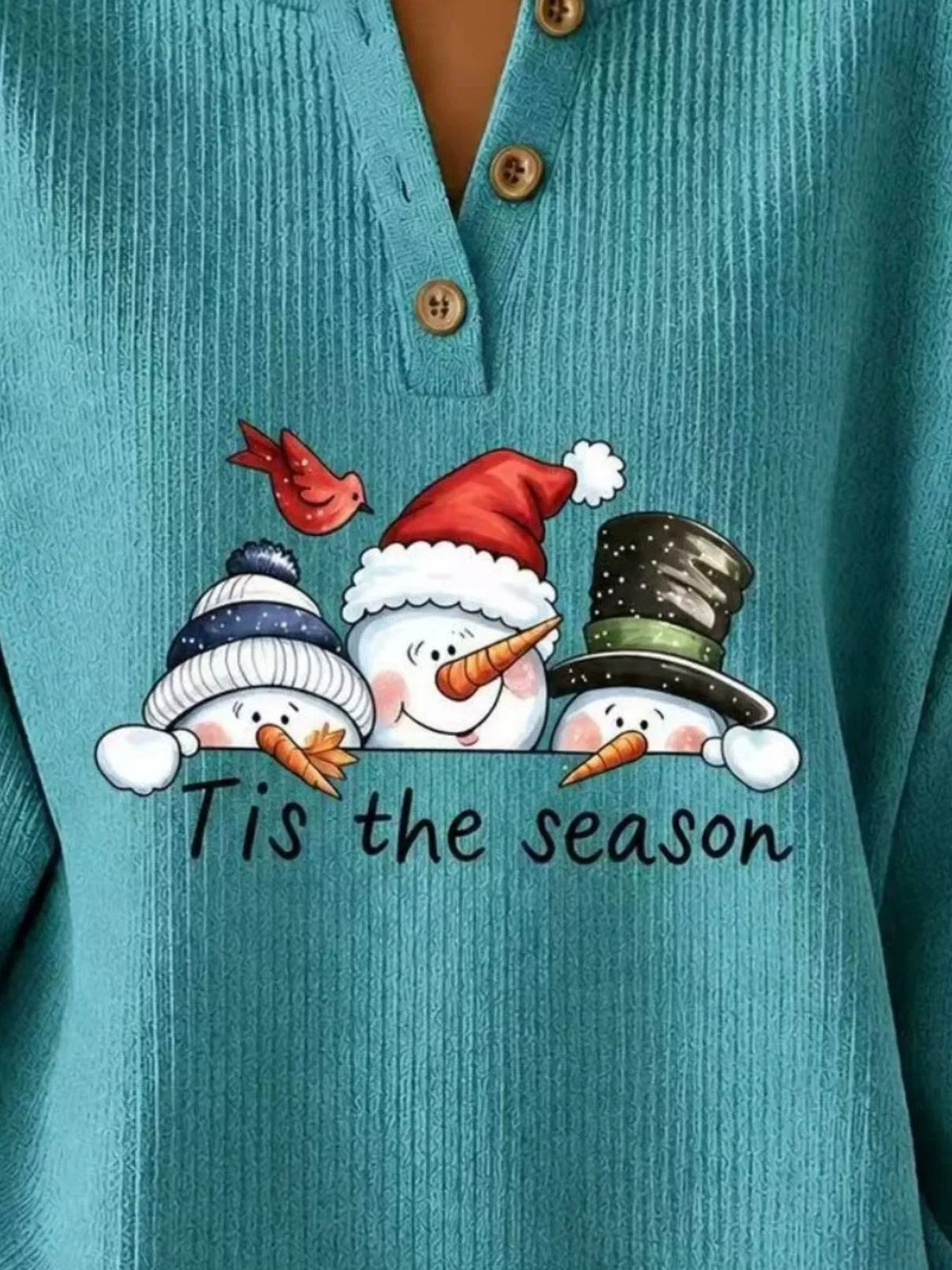 Christmas Themed Snowman Graphic Ribbed Henley Sweatshirt in Turquoise - women's sweatshirt