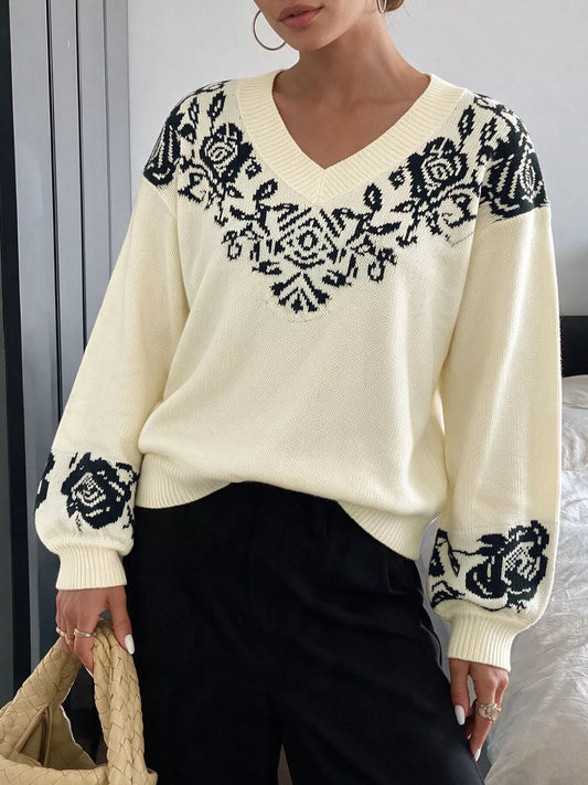 Floral Dropped-Shoulder Sweater in Apricot - women's sweater