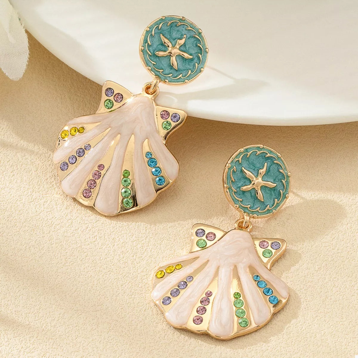 Rhinestone Shell Dangle Earrings - alternate earring view