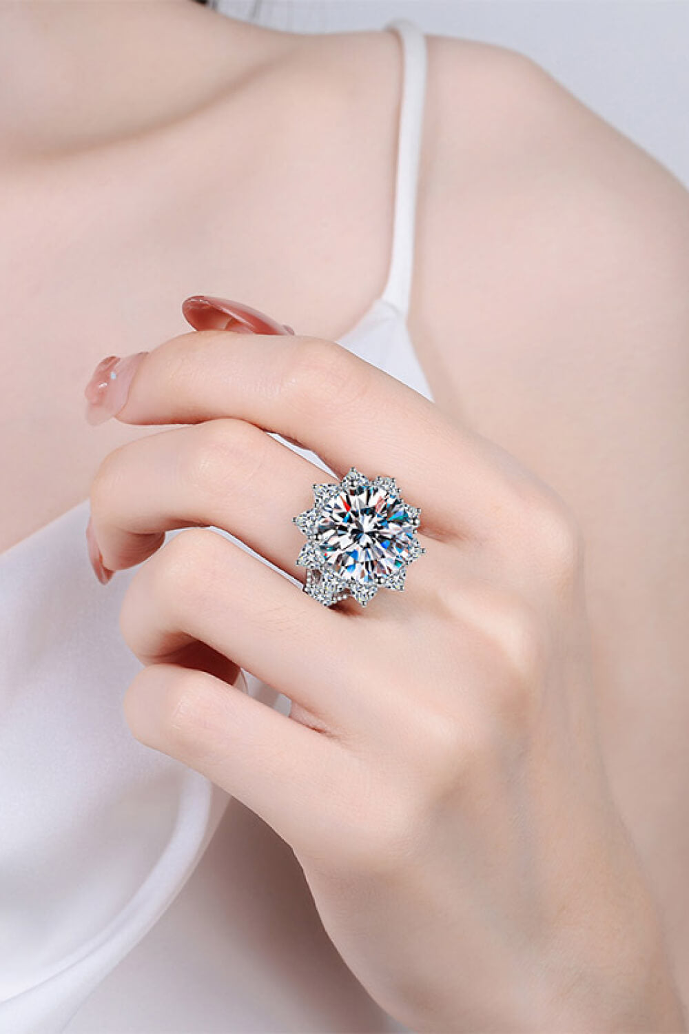 10 Carat Moissanite Flower-Shaped Ring in Silver - women's ring