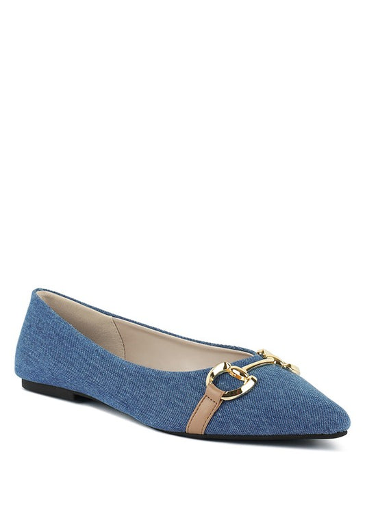 Denim Horsebit Ballet Flats crafted with denim fabric and a TPR outer sole, featuring a closed almond toe for a sleek look. The iconic horsebit embellishment adds elegance, while the slip-on closure and lightly cushioned insoles ensure effortless wearability. Free shipping on all orders. Shop now!