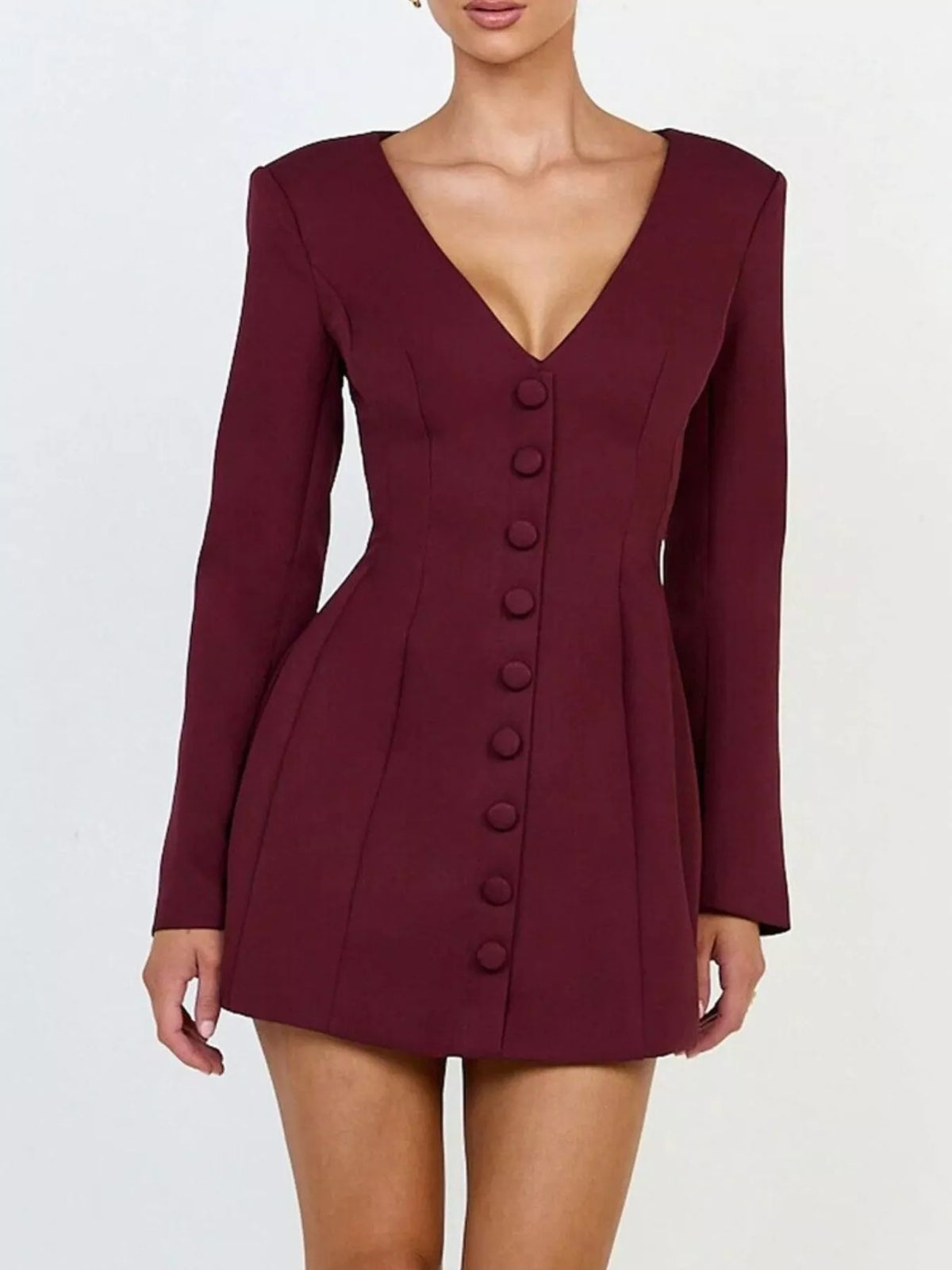 Deep V-Neck Button-Down Blazer Dress in Wine Red - Blossom's