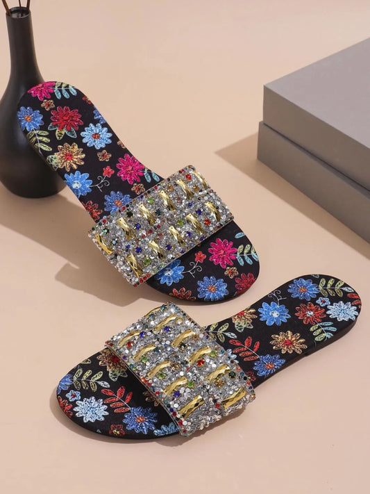 Floral Print Rhinestone Decorated Sandals in White - women's flat sandals