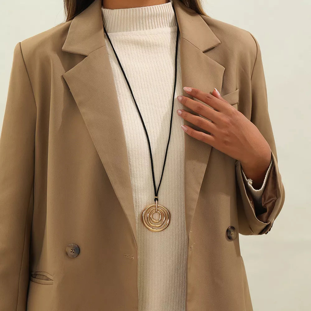 Minimalist Geometric Gold-Tone Pendant Long Necklace with Black Cord - alternate necklace view