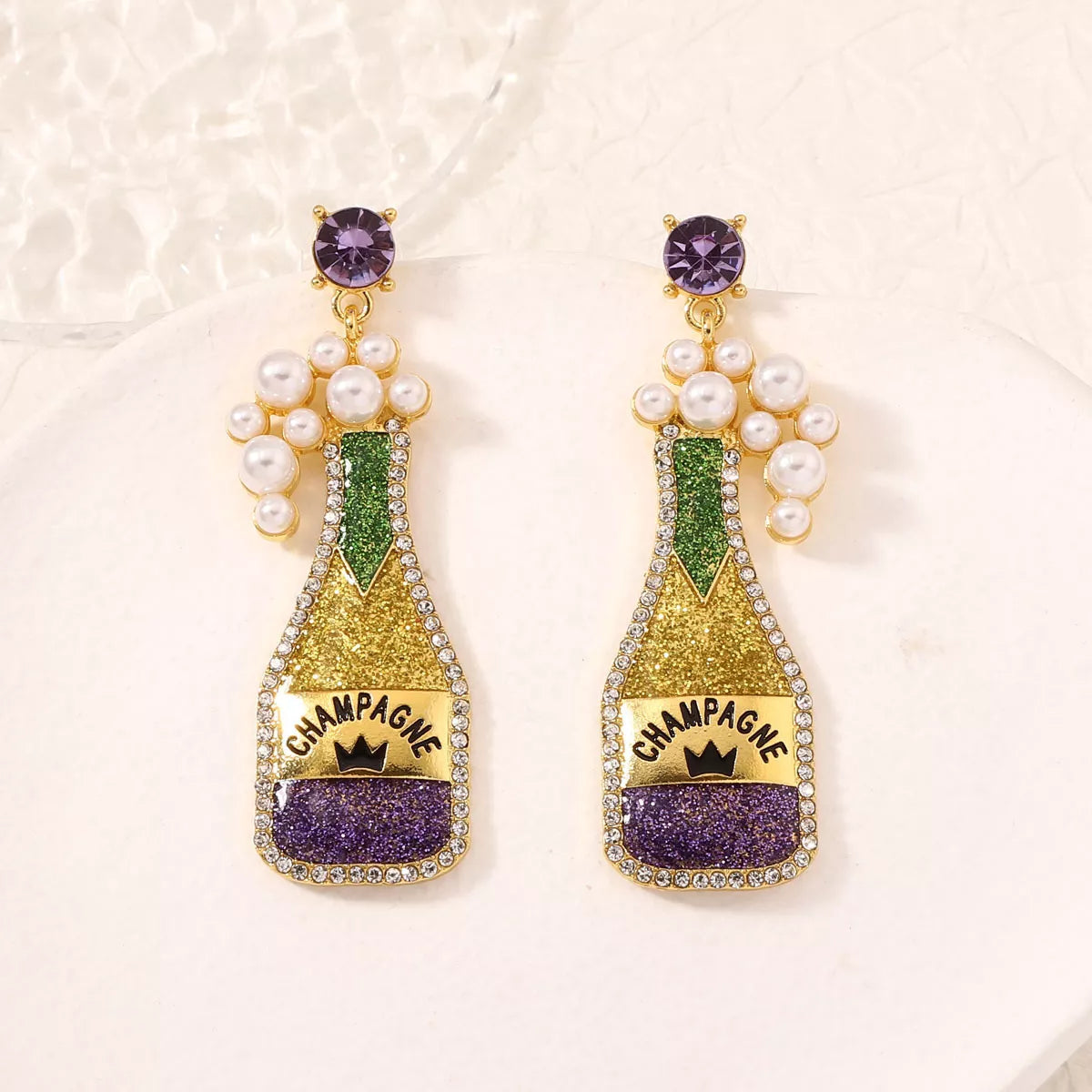 Champagne Bottle Earrings with Pearls in Gold - women's earrings