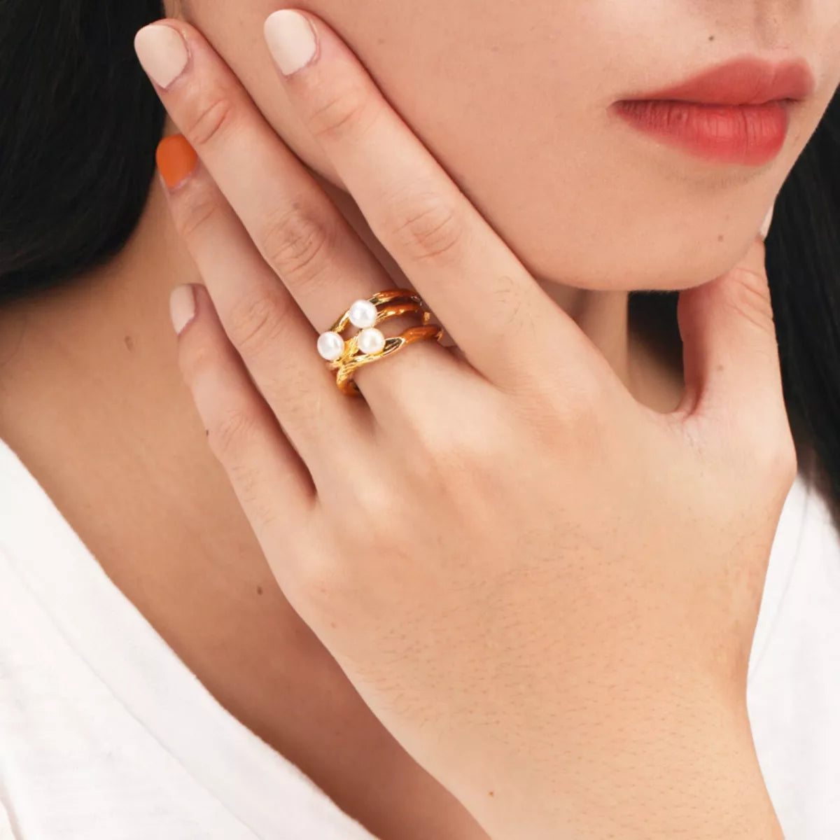 Synthetic Pearl 18K Gold-Plated Copper Ring in Gold - women's ring