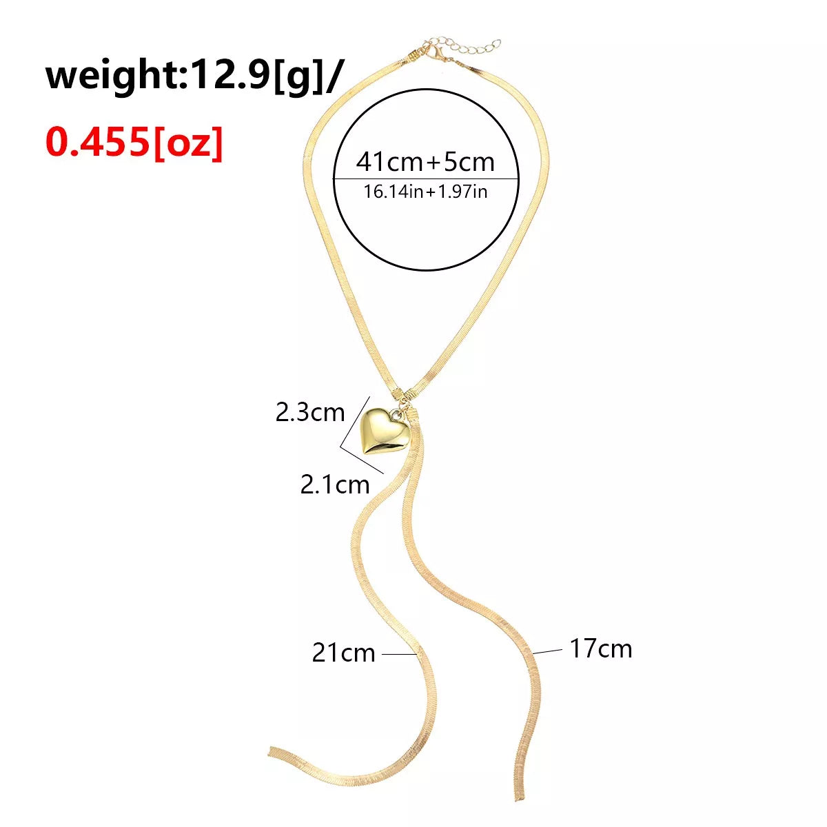 Gold-Tone Herringbone Chain Necklace with Heart Pendant Lariat Design - alternate necklace view