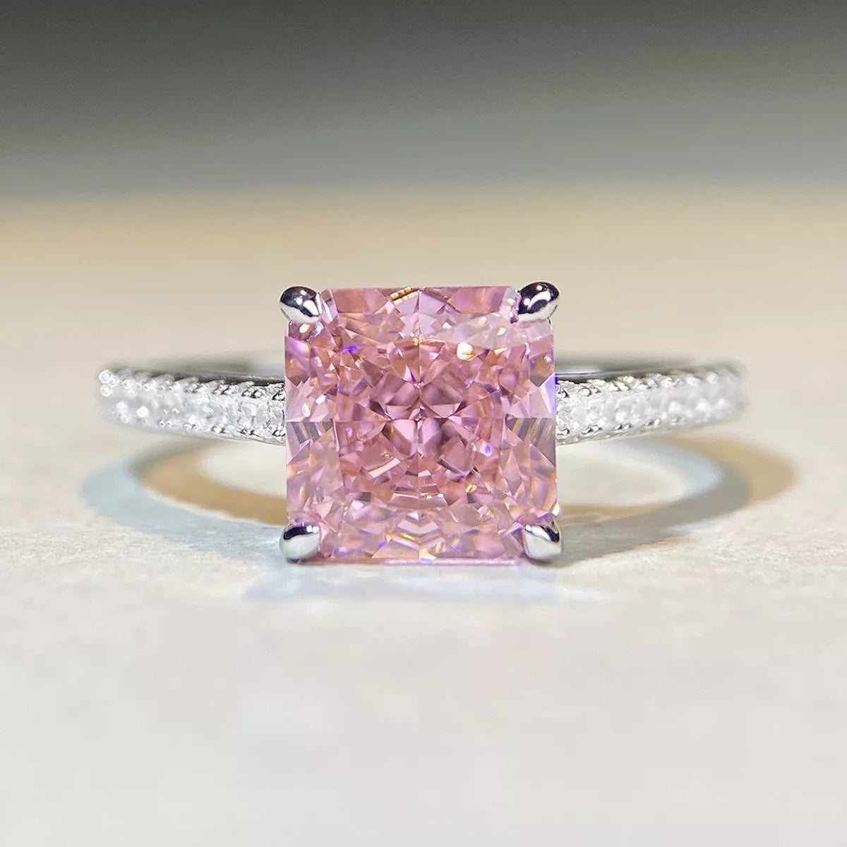 Sterling Silver Zircon Square Ring in Blush Pink - women's ring