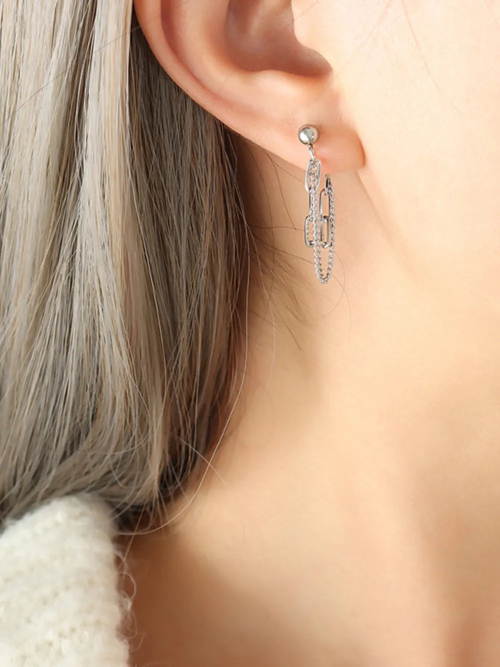 Titanium Steel Double Chain Earrings in Silver - women's earrings