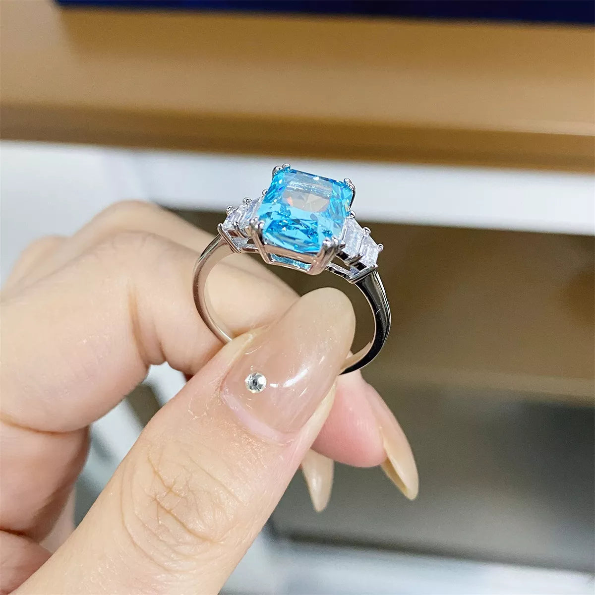 Sterling Silver Zircon Geometric Ring in Pastel Blue - women's ring