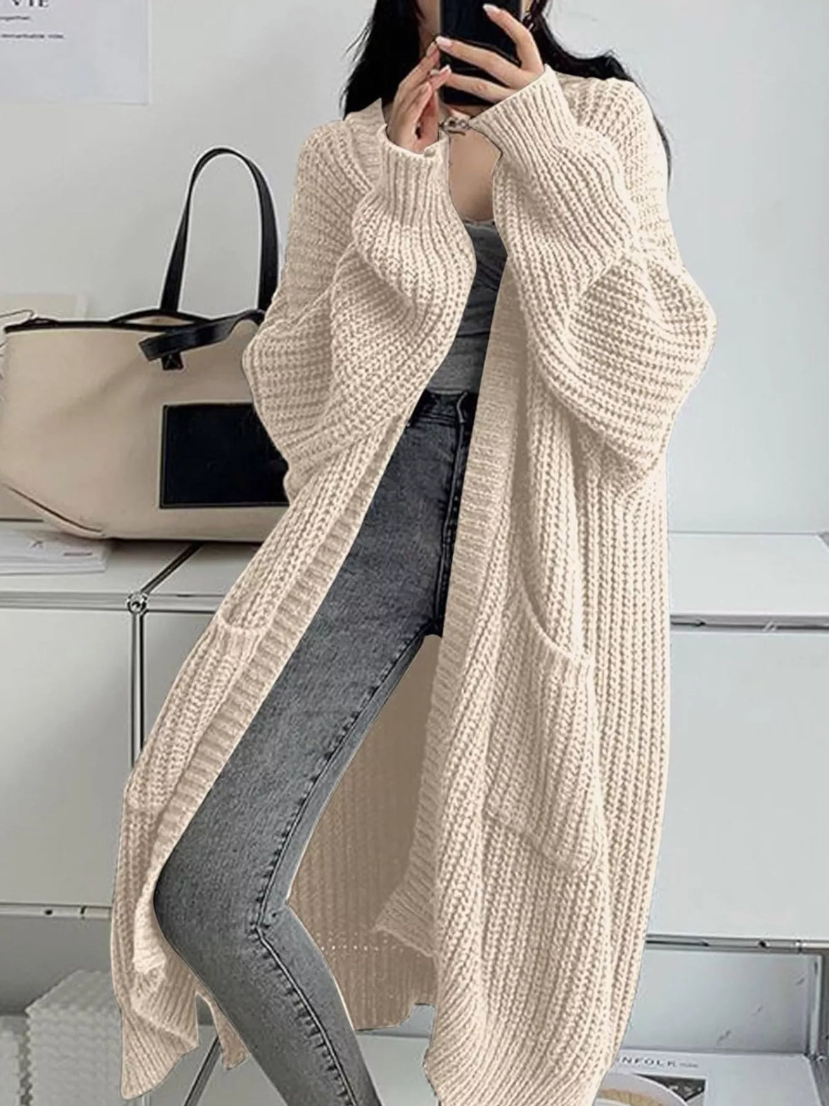 Chunky-Knit Openwork Front Longline Cardigan in Black - women's cardigan