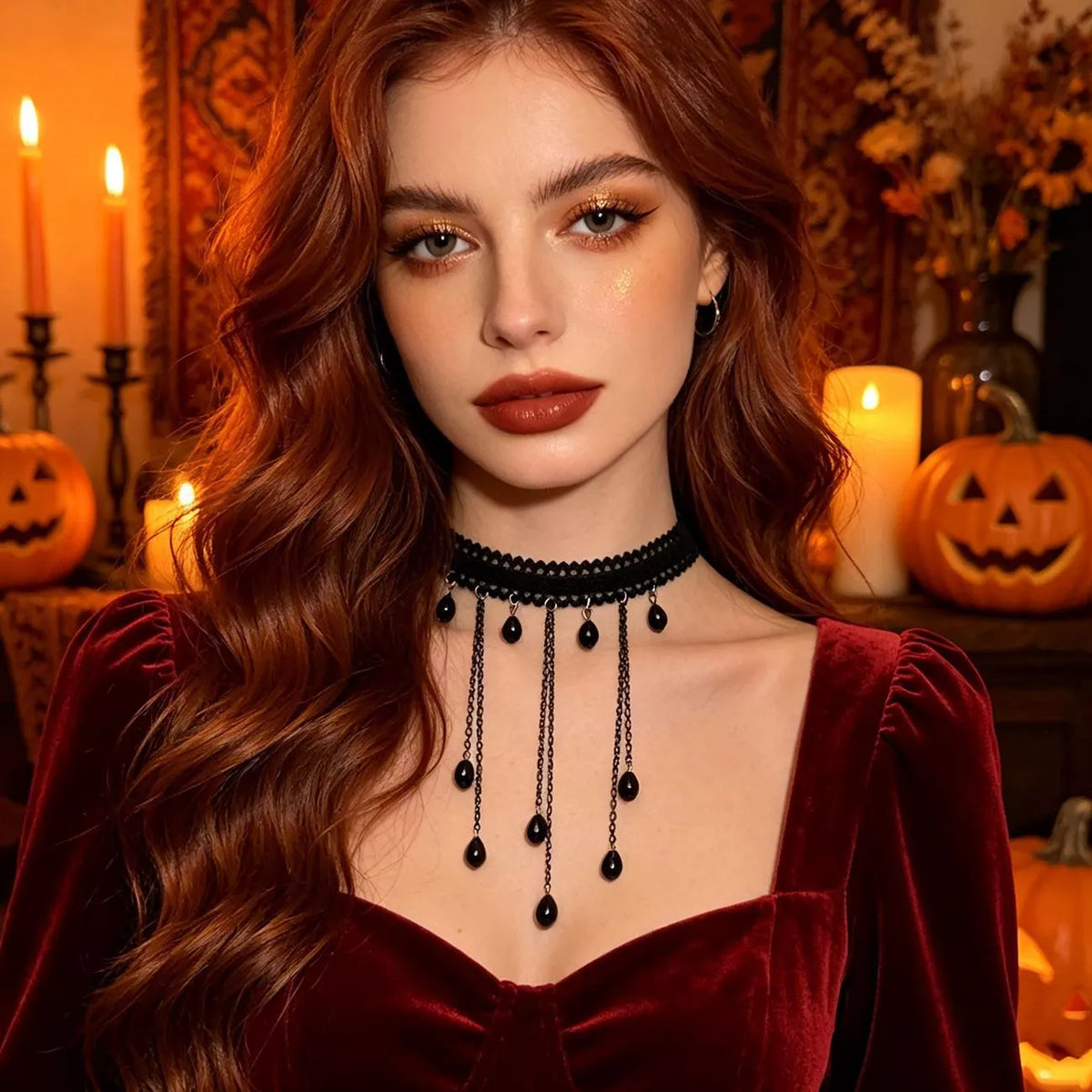 Gothic Lace Choker Necklace with Teardrop Dangle Charms - alternate necklace view