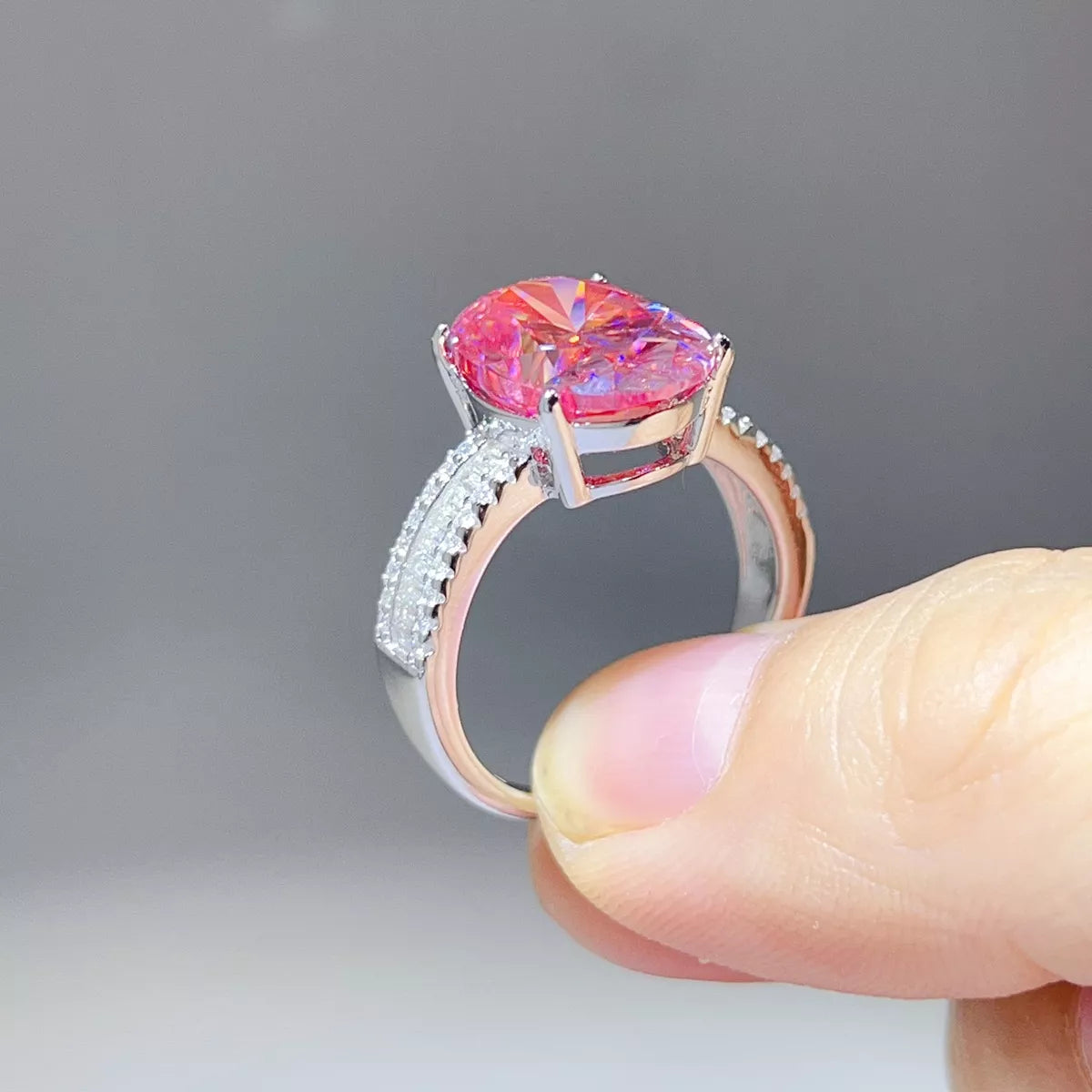 8 Carat Sterling Silver Moissanite Oval Ring in Pink - women's ring