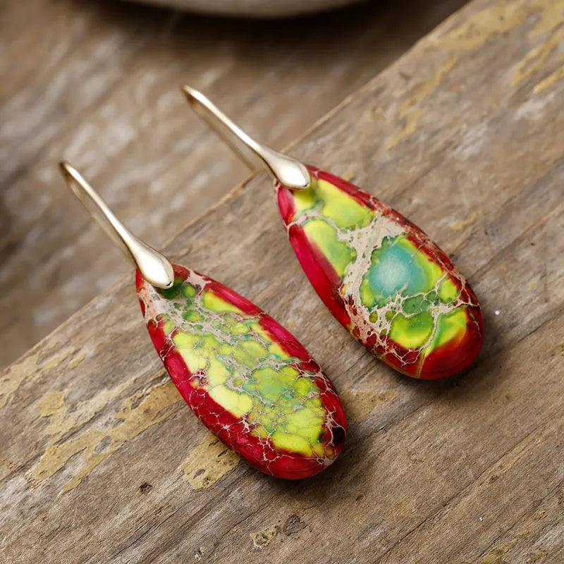 Teardrop Shape Natural Stone Dangle Earrings in Red/Green/Gold - women's dangle earrings