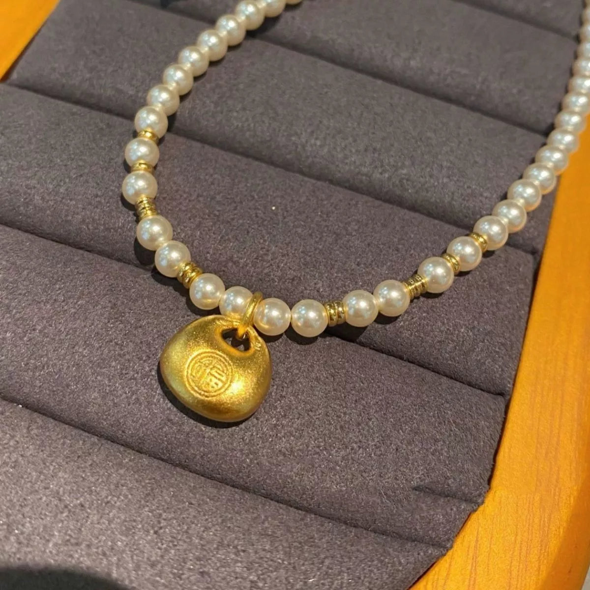 Pearl Necklace with Golden Pendant - alternate necklace view