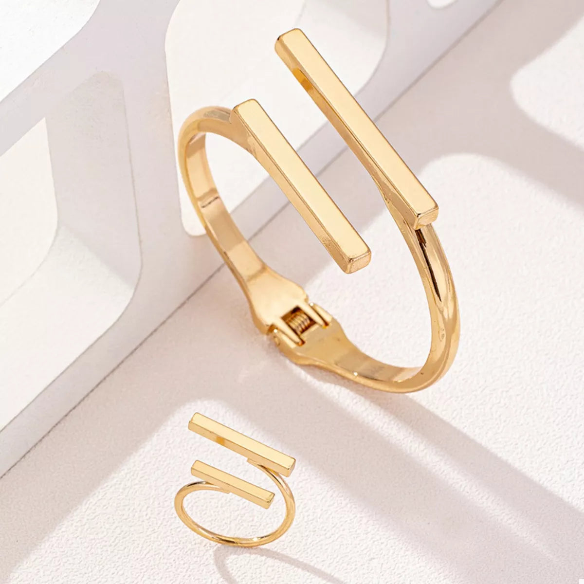 Adjustable 18K Gold-Plated Modern Bar Bracelet & Ring Set - alternate jewelry view