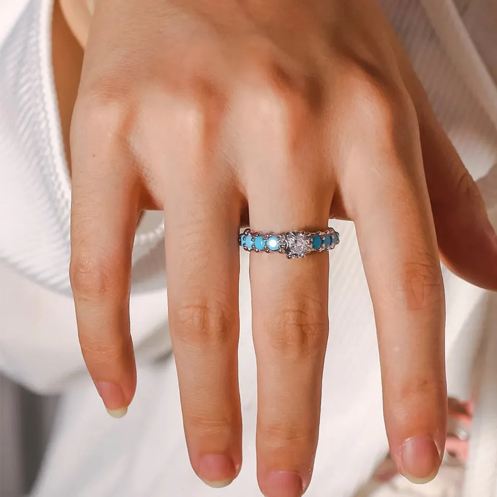 Inlaid Artificial Turquoise Zircon Sterling Silver Ring - alternate ring view