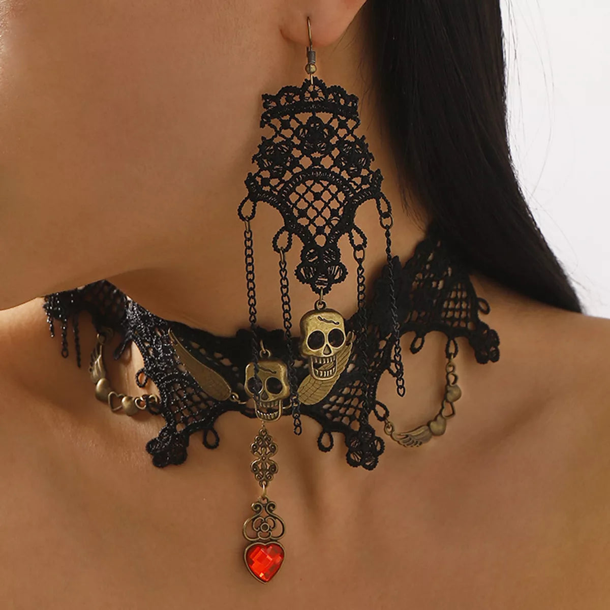 Halloween Lace Skull Necklace and Earrings Set - alternate necklace view