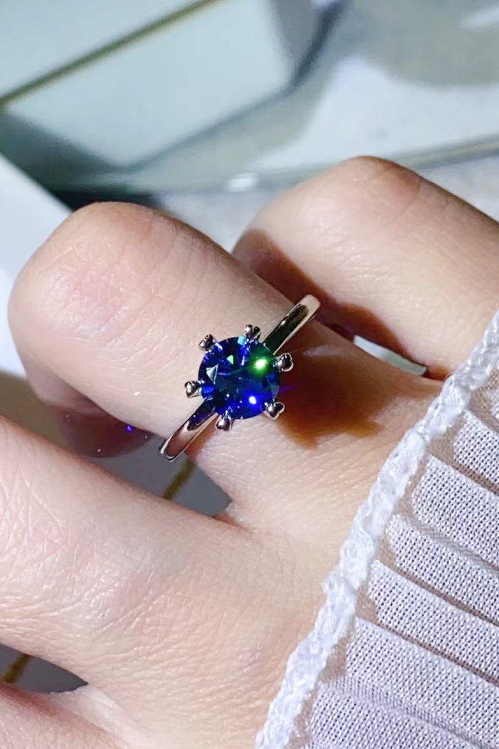 1 Carat Moissanite 6-Prong Solitaire Ring in Blue - women's solitaire ring