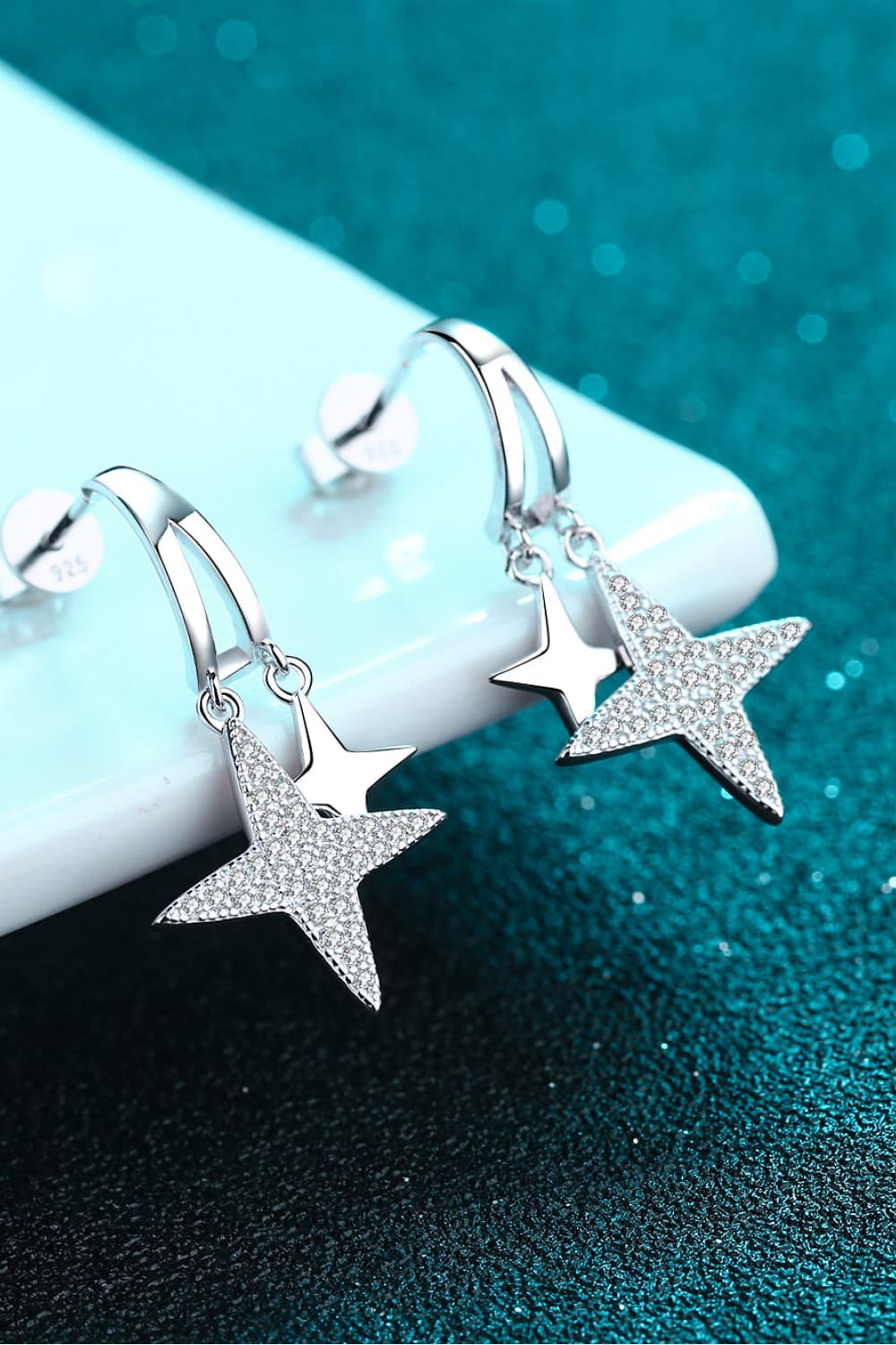 Moissanite Star Rhodium-Plated Drop Earrings - alternate earring view