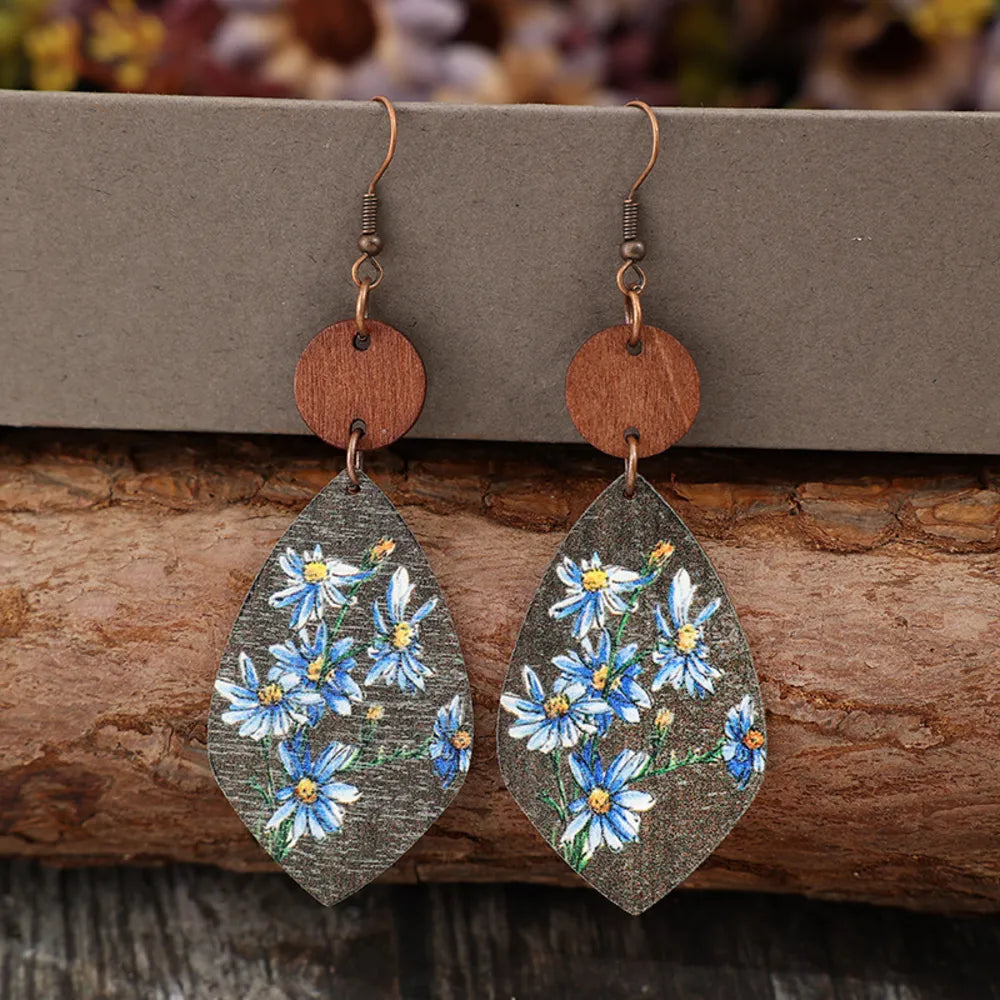 Flower Geometric Shape Wooden Earrings in Light Blue - women's earrings