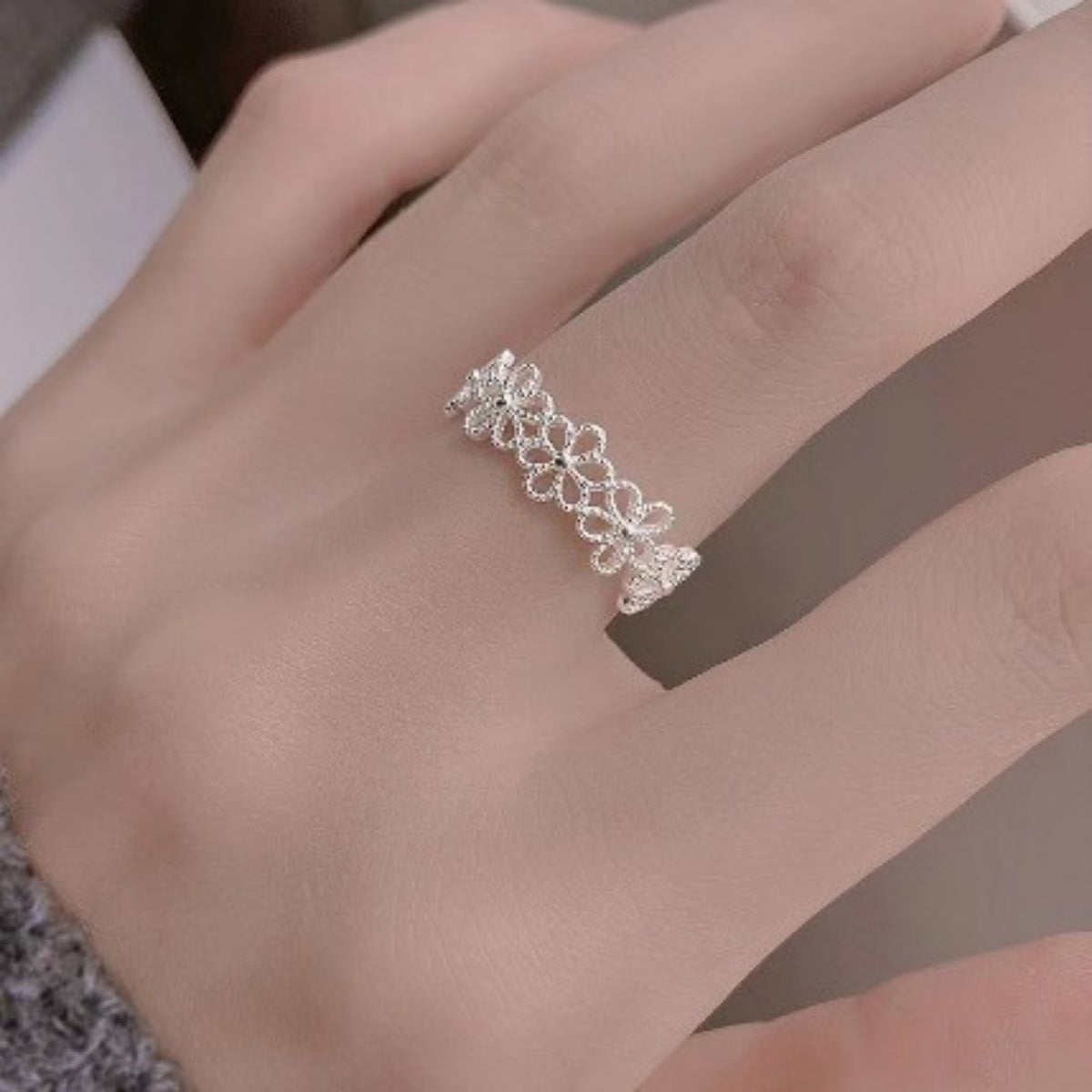 Floral Adjustable Open Ring - alternate ring view