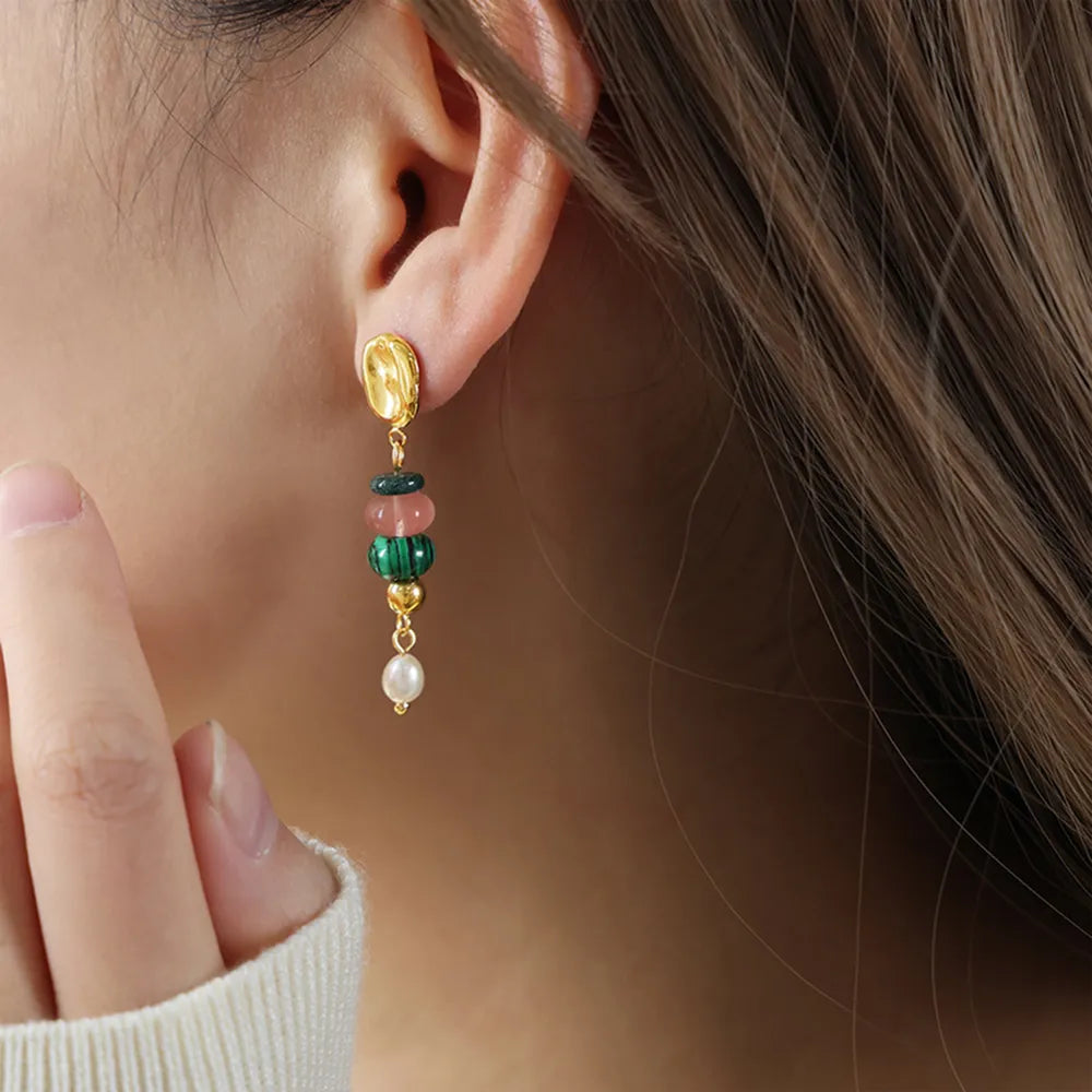 Natural Stone Freshwater Pearl Dangle Earrings - alternate earring view
